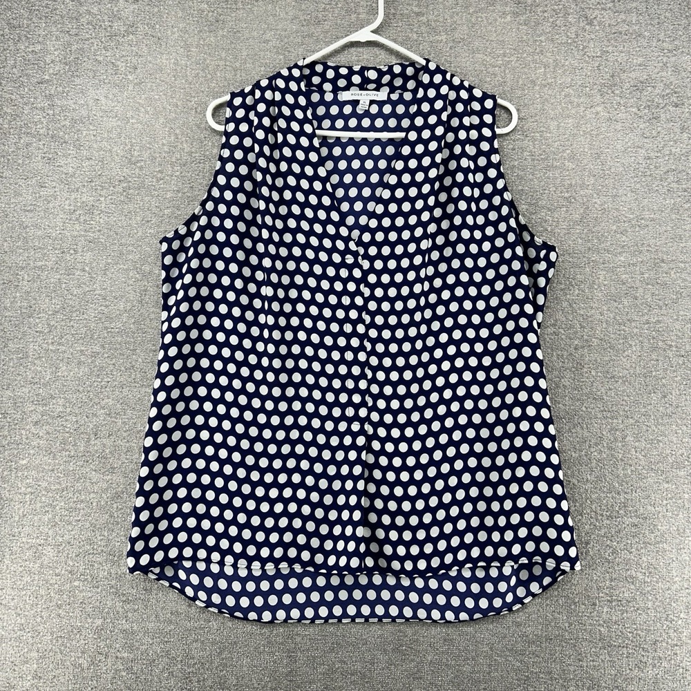 Rose + Olive Blouse Top Women XL Dark Blue Polka Dot Sleeveless Casual Summer